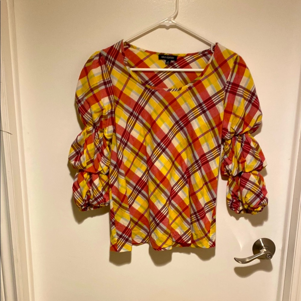 Plaid Puff Sleeve Top - Red and Yellow